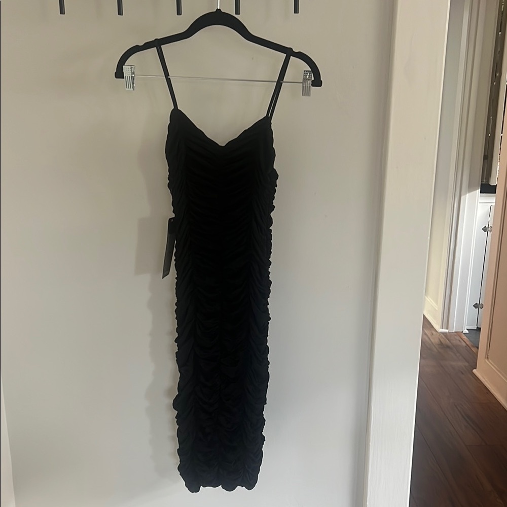 Bebe Black Ruffled Tiered Bodycon Midi Dress